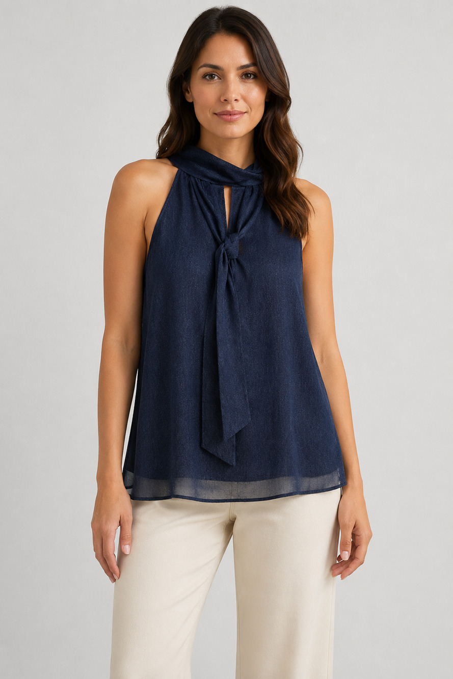 WHBM Womens L Navy Blue Sheer Tie Neck Blouse Sleeveless Bow Keyhole Top Boho
